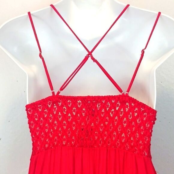 RUE 21 Red strappy peekaboo lace V neck ruffle hemline mini dress size XS n boho - Picture 10 of 12